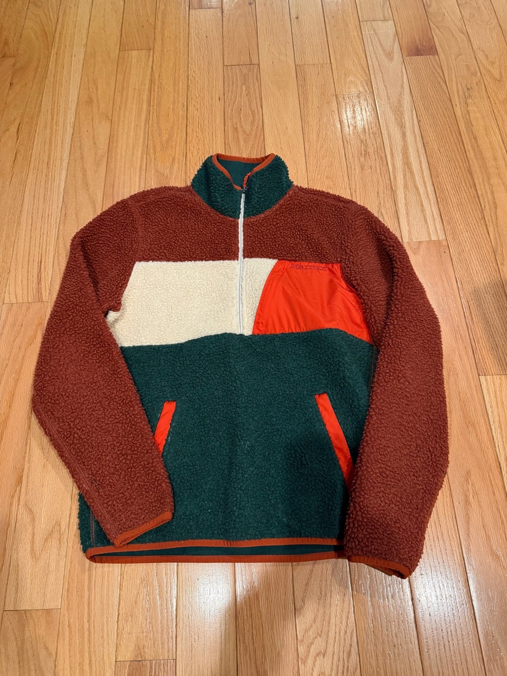 Marmot Colorblock Sherpa Zip Pullover in Brown/Green/Cream/Orange